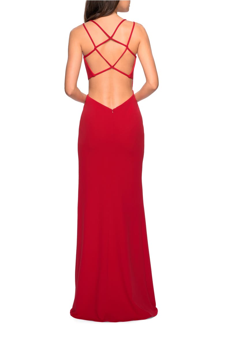 Asymmetrical Jersey Prom Dress with Cut Outs, Alternate, color, RED
