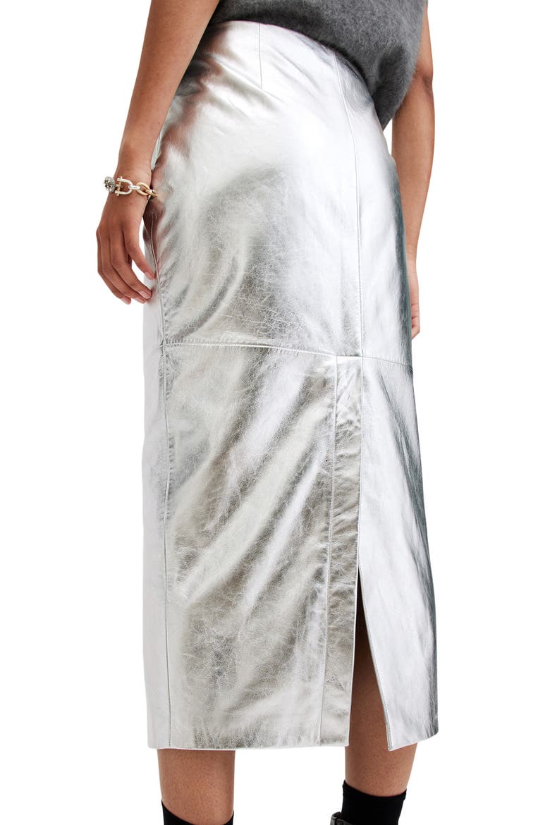 Renai Metallic Leather Midi Skirt, Alternate, color, SILVER