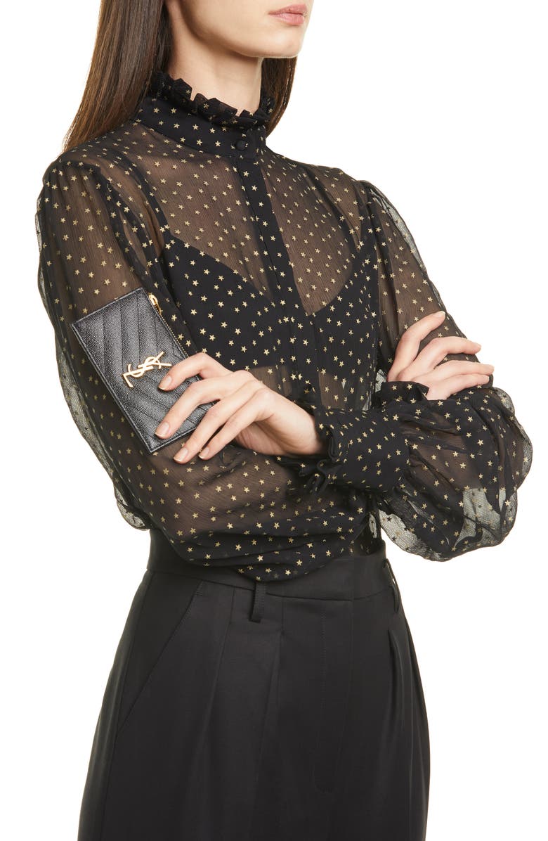 Saint Laurent Cassandre Matelassé Fragments Leather Zip Card Case, Alternate, color, Noir