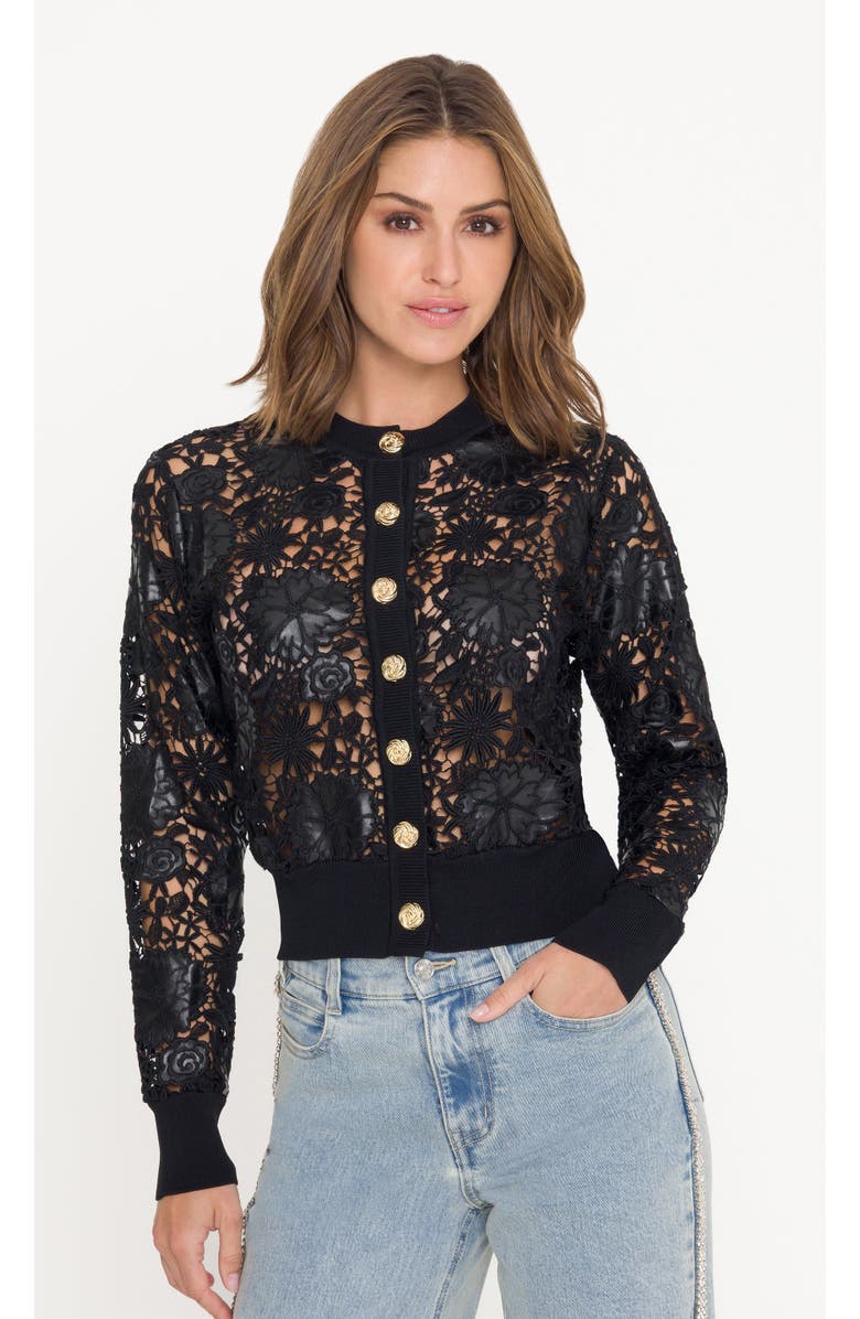 Generation Love Erin Vegan Leather Lace Cardigan, Main, color, Black, Floral