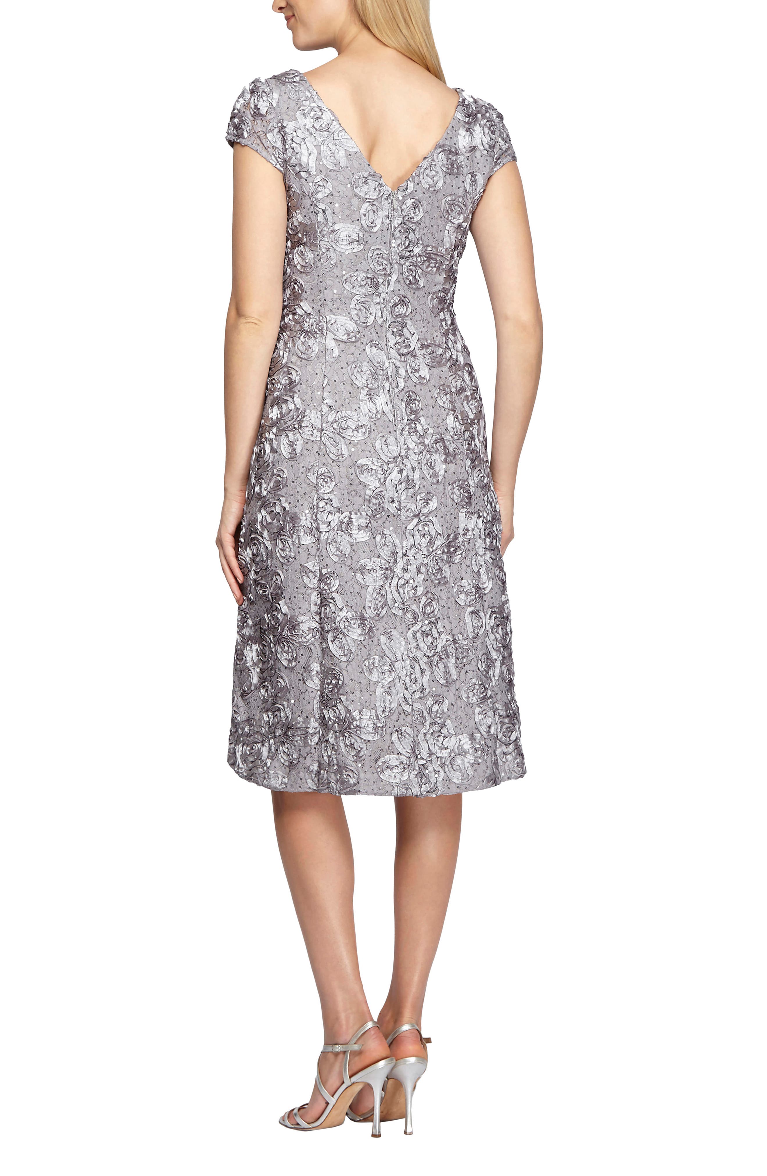 alex evenings rosette a line dress Rosette A-Line Gown with Sequins and Short Sleeves