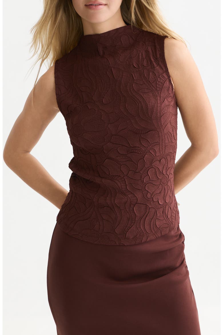 Floral Jacquard Sleeveless Funnel Neck Top, Main, color, BITTER CHOCOLATE