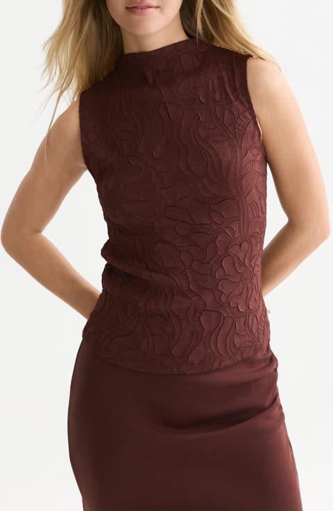 Floral Jacquard Sleeveless Funnel Neck Top