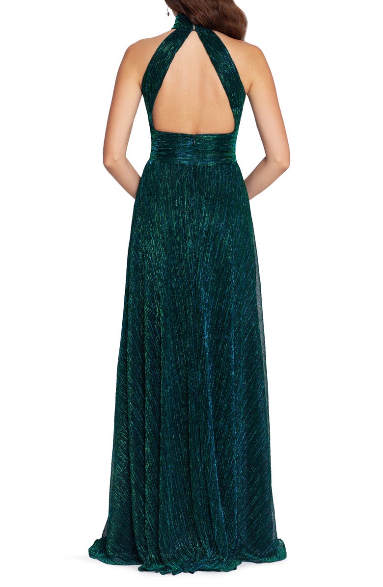 Betsy & Adam Metallic Sleeveless Halter Neck Open Back Gown, Alternate, color, Jade
