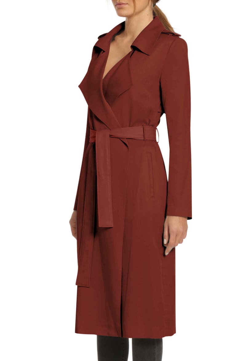 Badgley Mischka Faux Leather Trim Long Trench Coat, Alternate, color, SAHARA