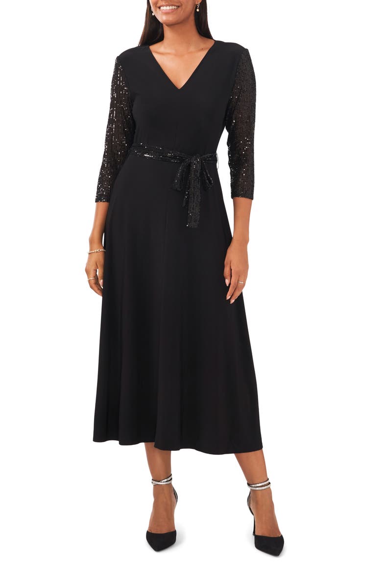 Lisa Sequin Sleeve Midi Dress, Main, color, BLACK