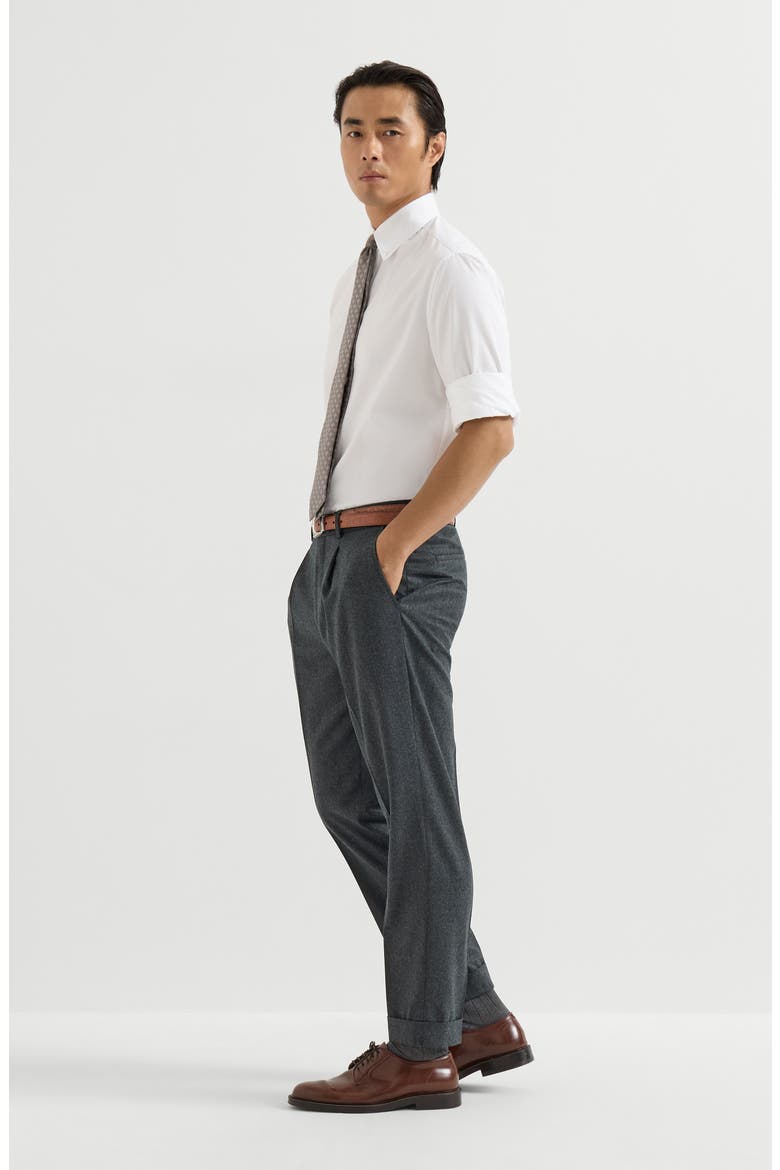 Virgin wool flannel trousers with pleat, Alternate, color, Dark Grey