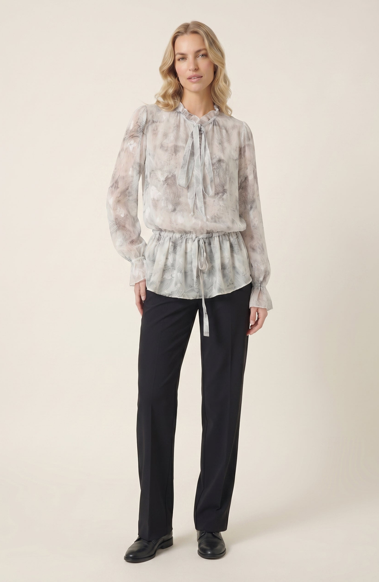 Modenaire Sheer Printed Ruffle Neck Blouse, Alternate, color, White