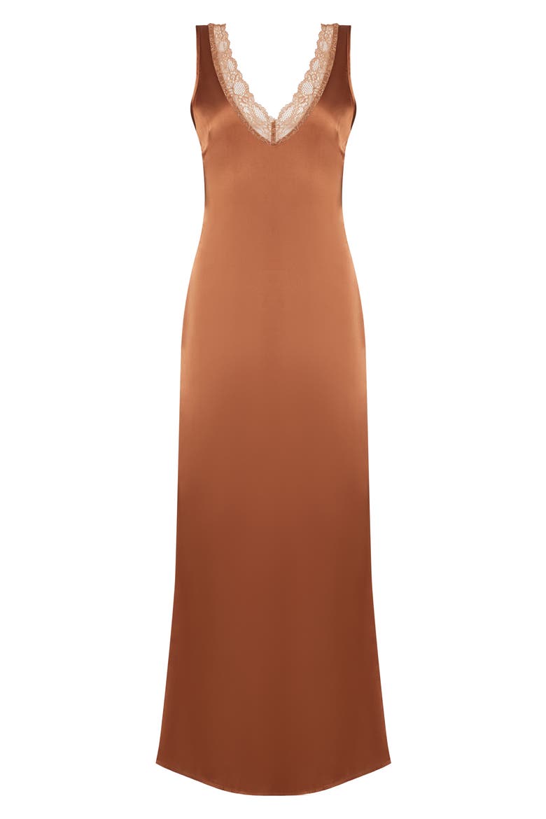 Simi Lace Trim Satin Maxi Dress, Alternate, color, UMBER