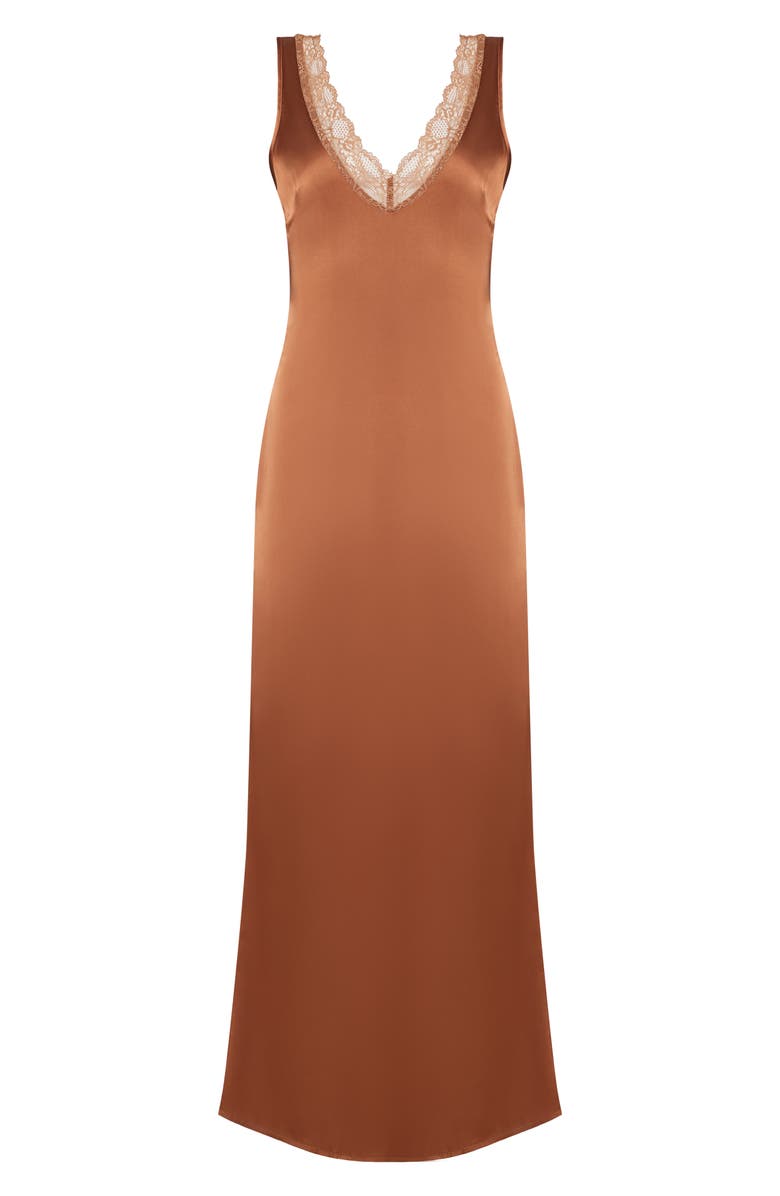 LIONESS Simi Lace Trim Satin Maxi Dress, Alternate, color, Umber