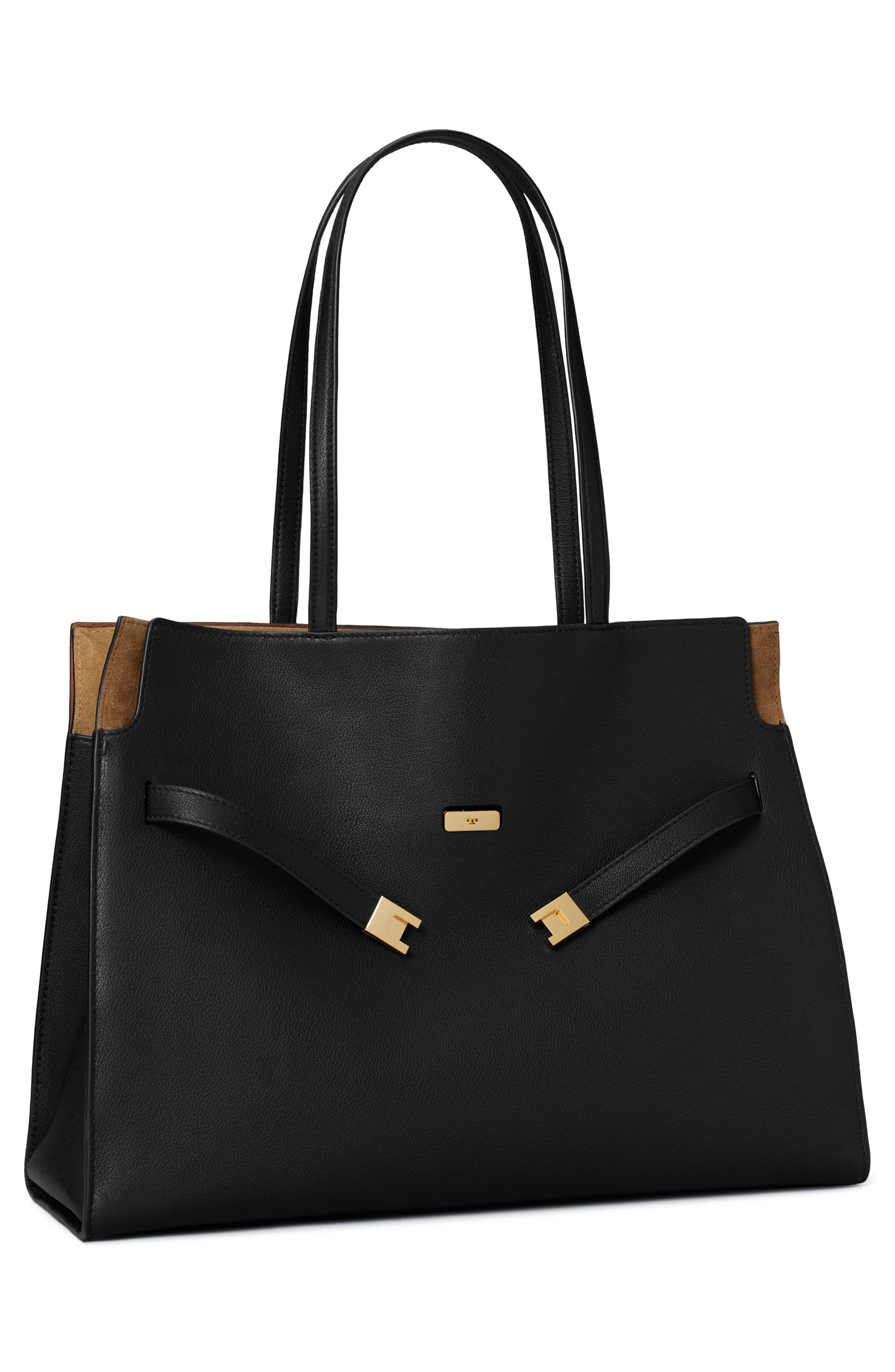 Tory Burch Lee Radziwill Leather Tote, Alternate, color, Black