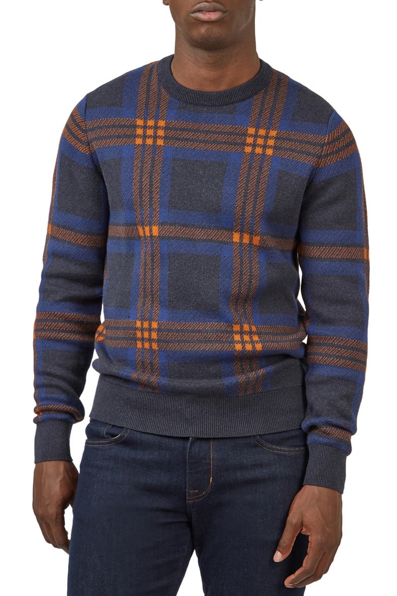 Jacquard Check Cotton Crewneck Sweater, Main, color, DARK NAVY