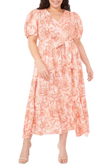 Cece Floral Puff Sleeve Linen Blend Dress In Pink