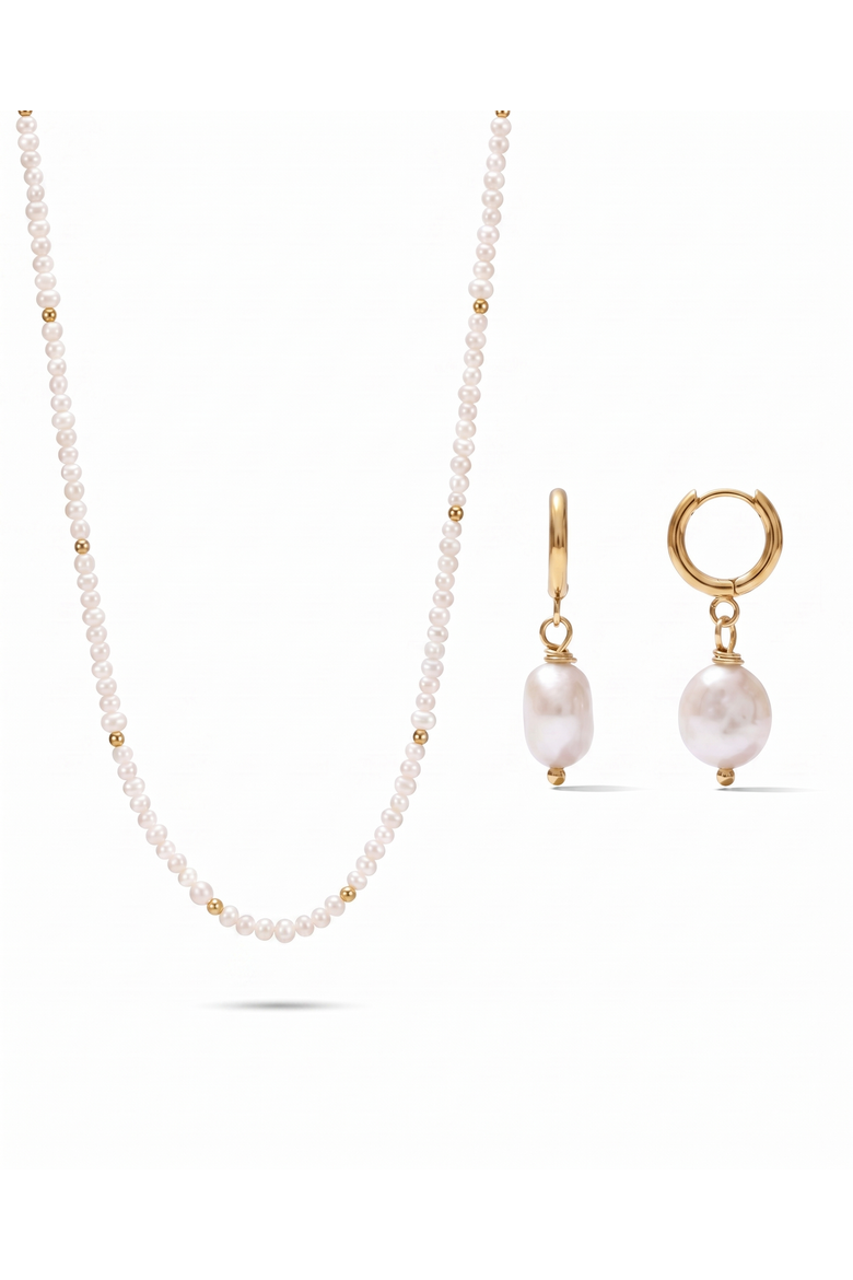 Freshwater Pearl Necklace and Earrings Set, Main, color, Gold