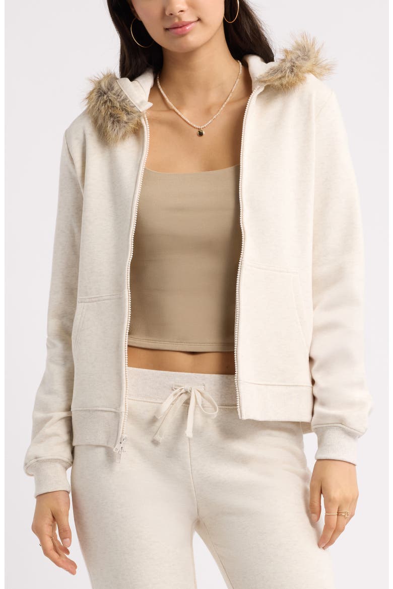 Slim Fit Faux Fur Trim Zip Hoodie, Main, color, BEIGE OATMEAL LIGHT HEATHER