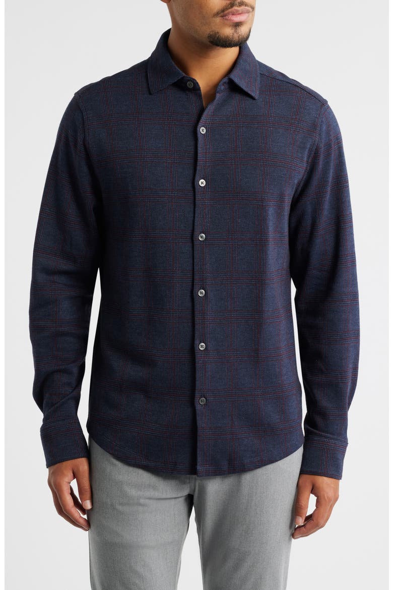 Darlog Glen Plaid Knit Button-Up Shirt, Main, color, NAVY