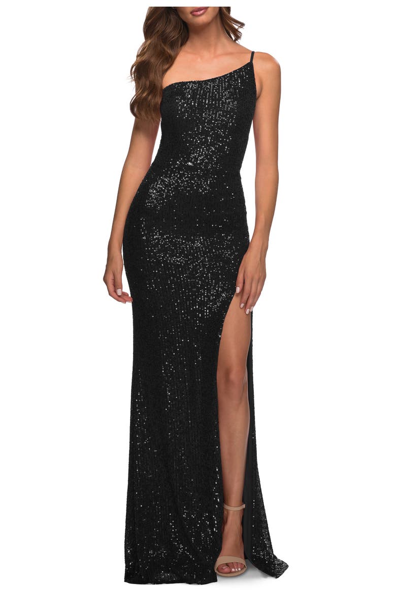 La Femme Simple One Shoulder Long Sequin Evening Gown, Main, color, Black