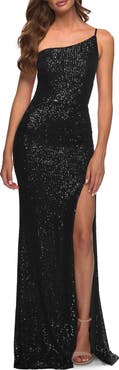La Femme Simple One Shoulder Long Sequin Evening Gown