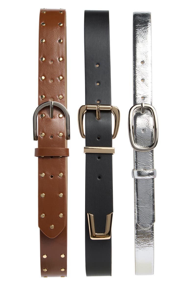 3-for-1 Wide Belt Set, Main, color, SILVER/ BLACK/ BROWN
