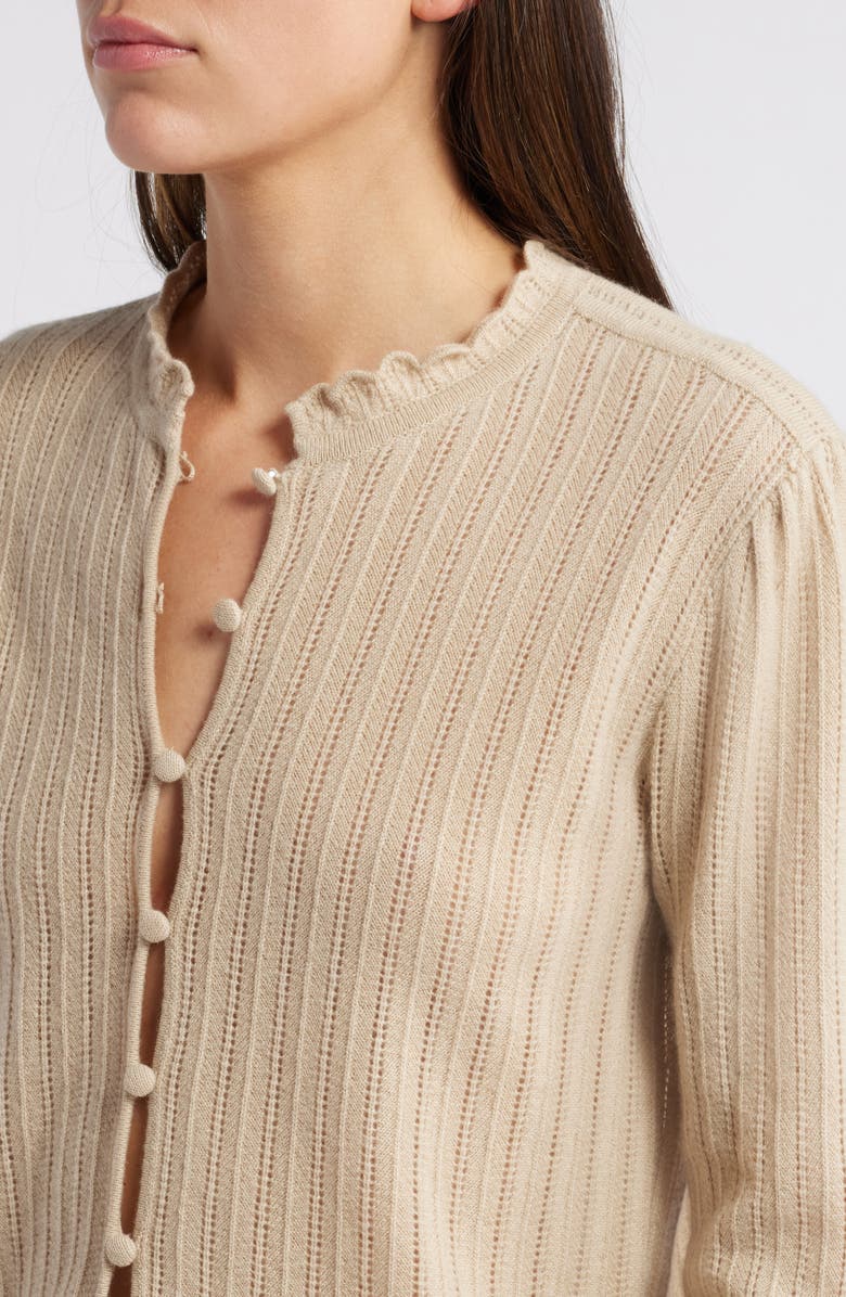 FRAME Ruffle Neck Pointelle Cashmere Cardigan, Alternate, color, Taupe