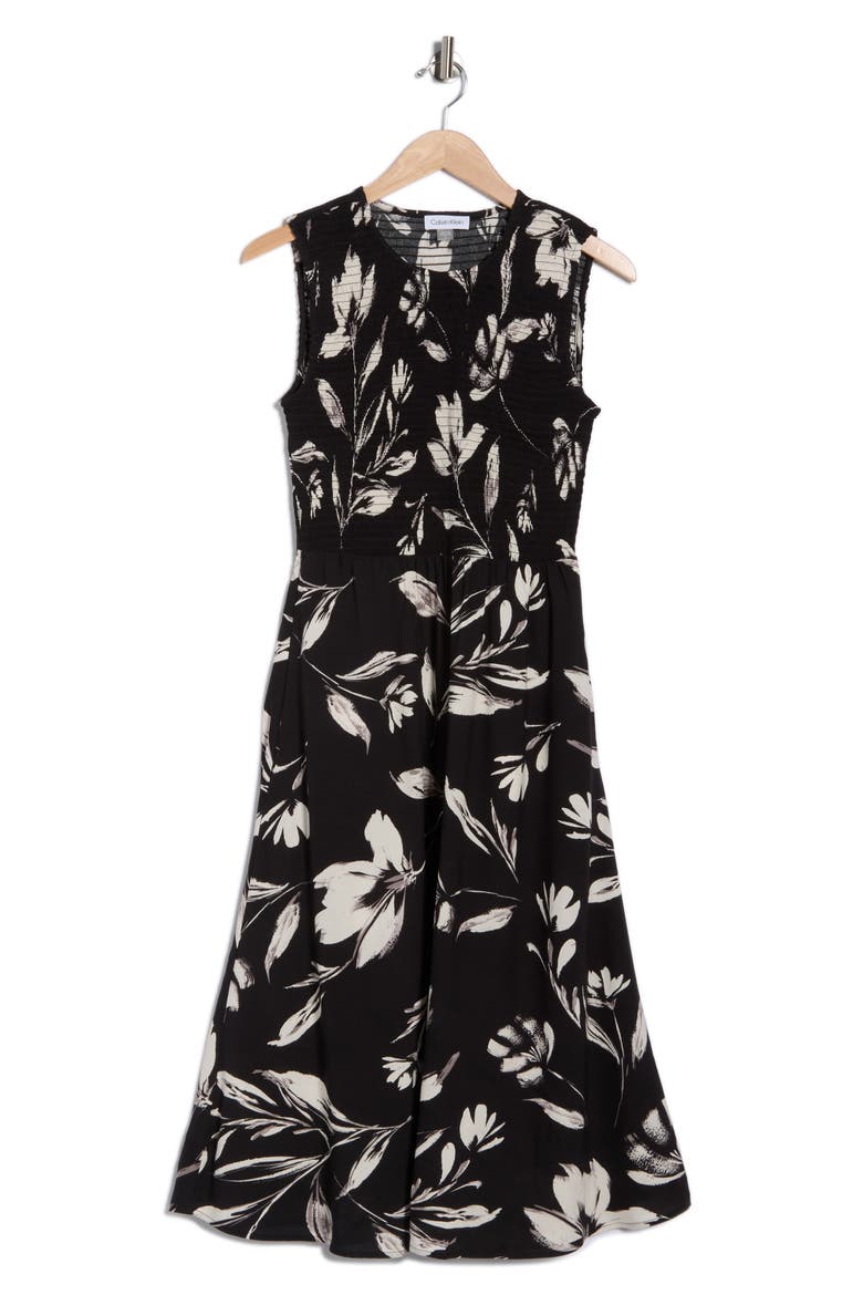 Smocked Sleeveless Fit & Flare Midi Dress, Alternate, color, BLACK CREAM