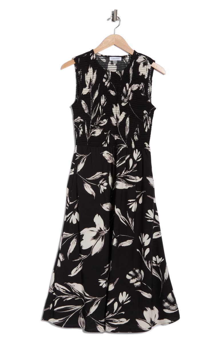 Calvin Klein Smocked Sleeveless Fit & Flare Midi Dress, Alternate, color, Black Cream