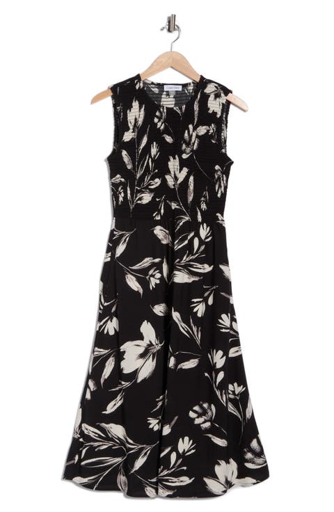 Smocked Sleeveless Fit & Flare Midi Dress