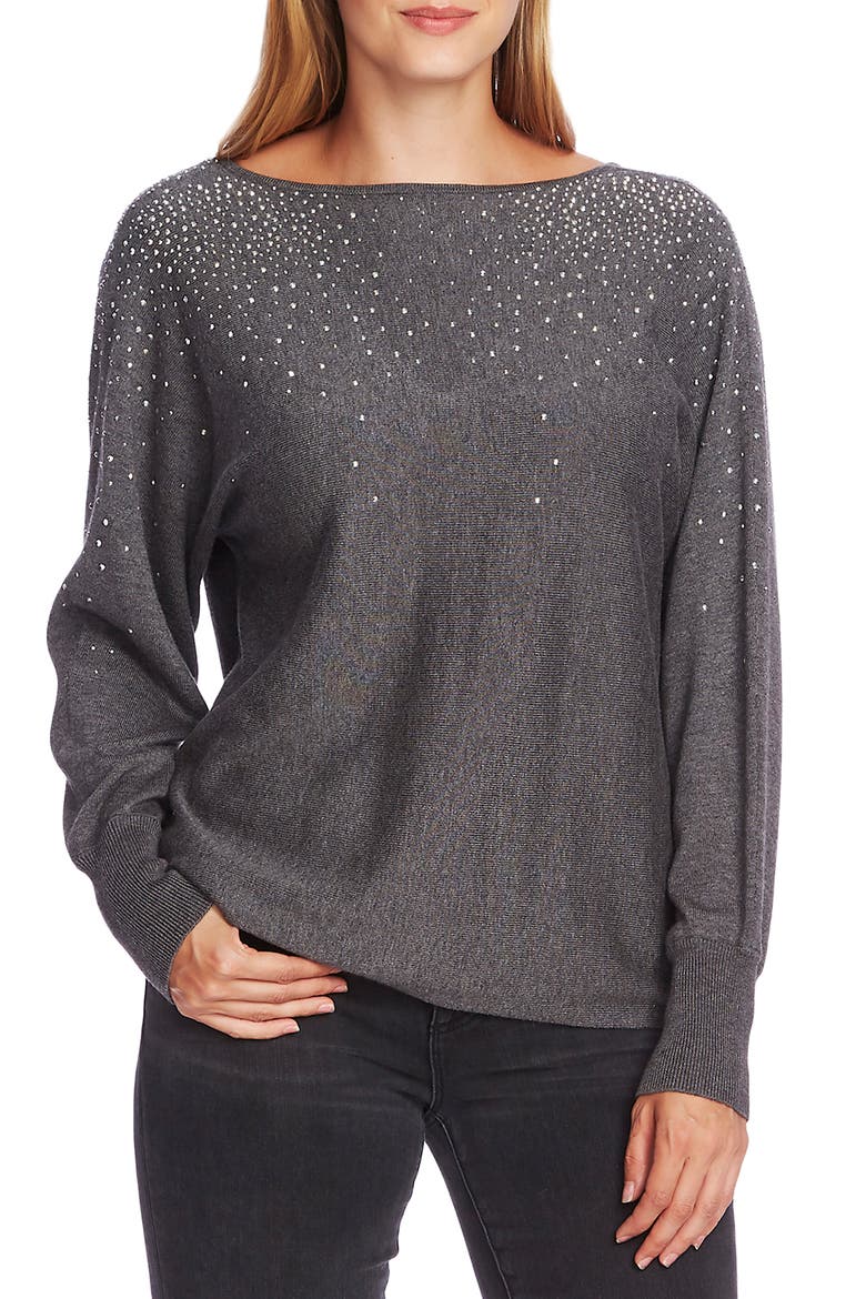 Crystal Embellished V-Back Cotton Blend Sweater, Main, color, MEDIUM HEATHER GREY