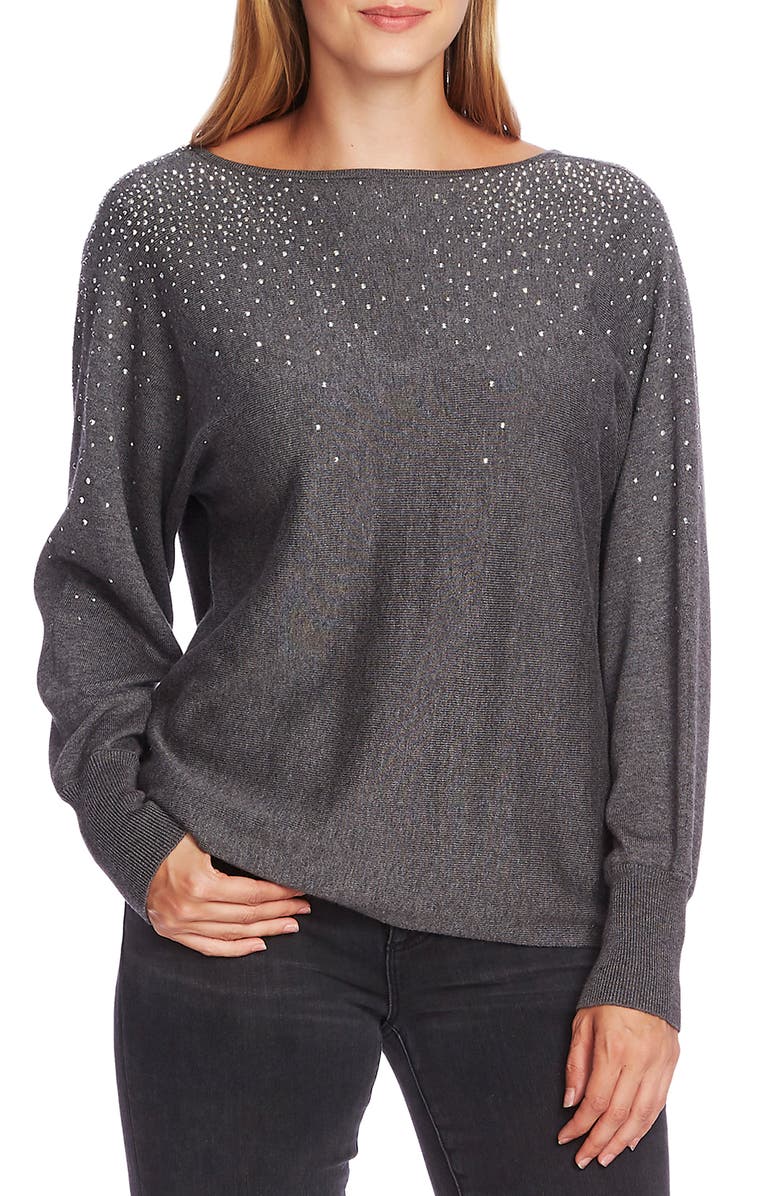 Vince Camuto Crystal Embellished V-Back Cotton Blend Sweater, Main, color,