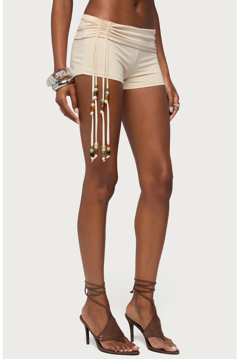 Thia Ruched Beaded Foldover Shorts, Alternate, color, BEIGE