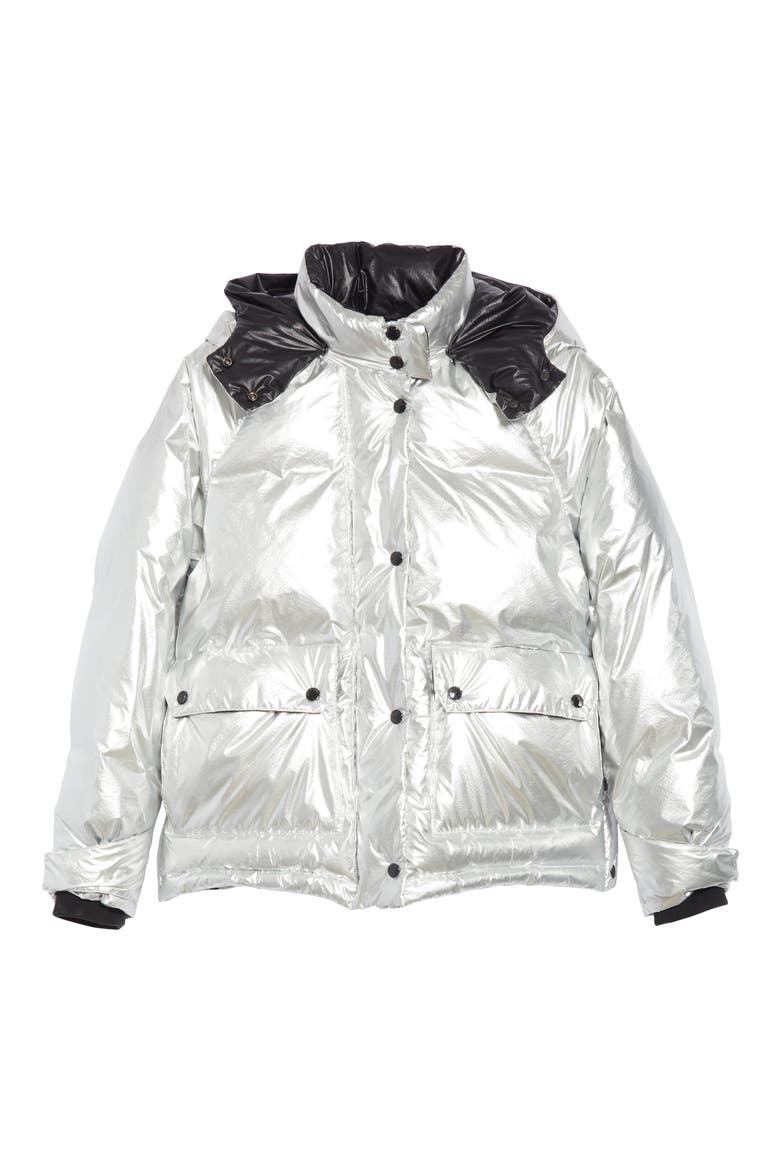 Aiden Side Stripe Metallic Puffer Coat, Alternate, color, SILVER