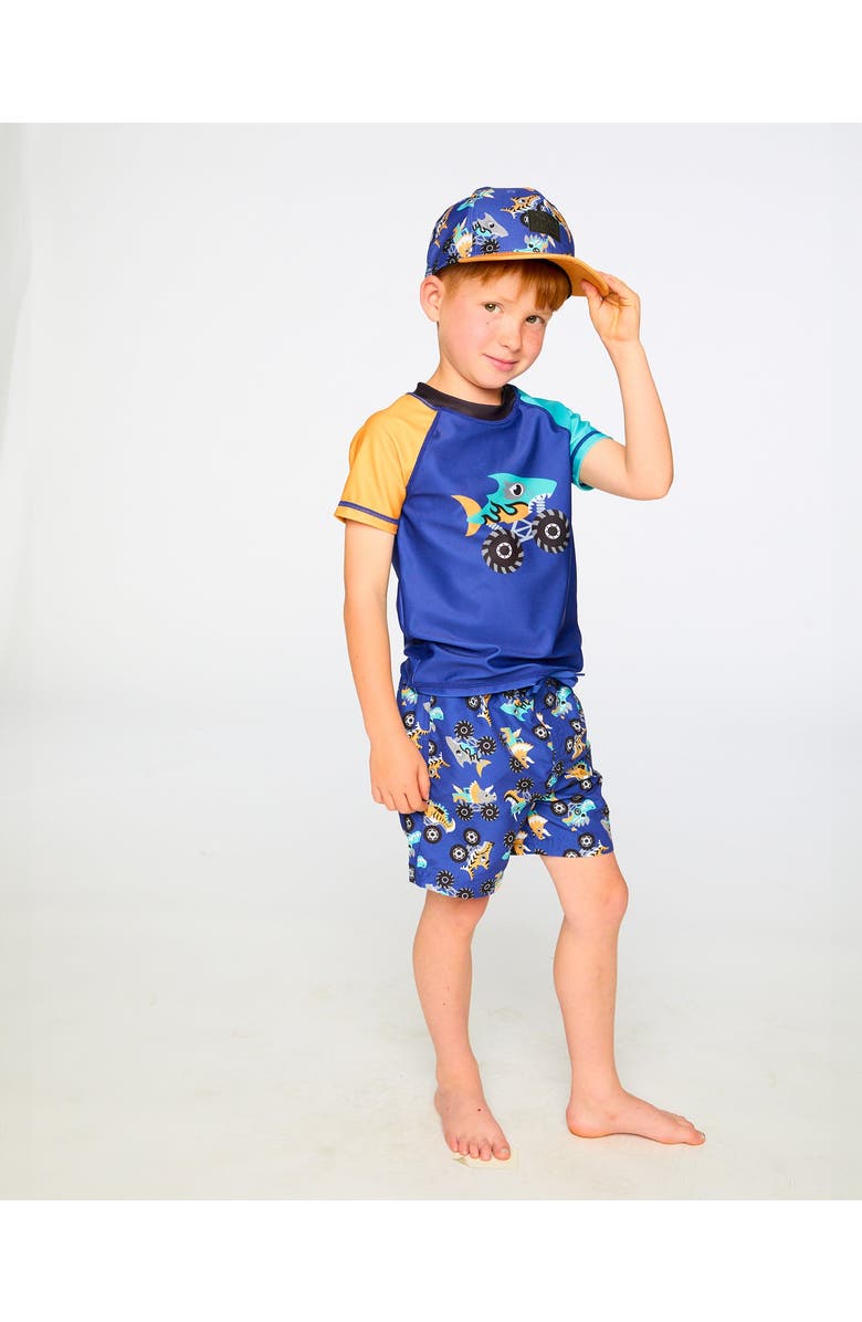 Deux par Deux Mid Thigh Elastic Waist Truck Boardshorts, Alternate, color, Blue Printed Trucks