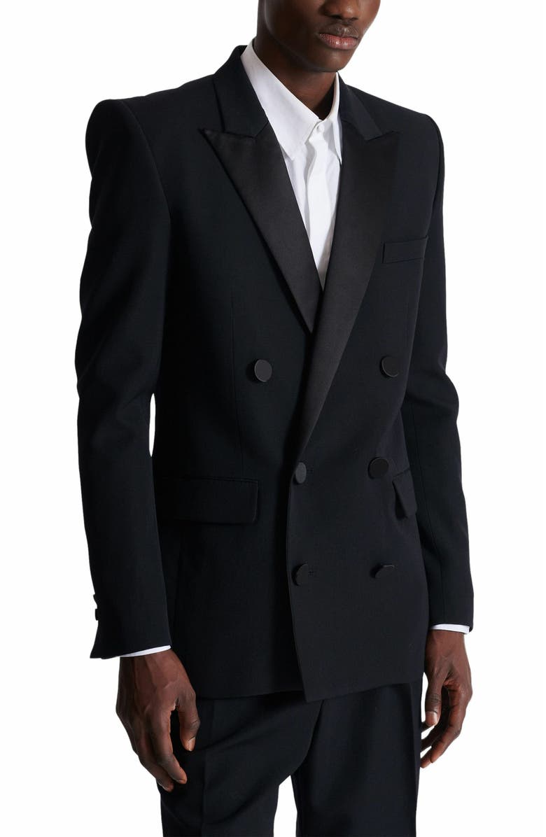 Balmain Grain De Poudre Blazer With Satin Lapels, Alternate, color, Black