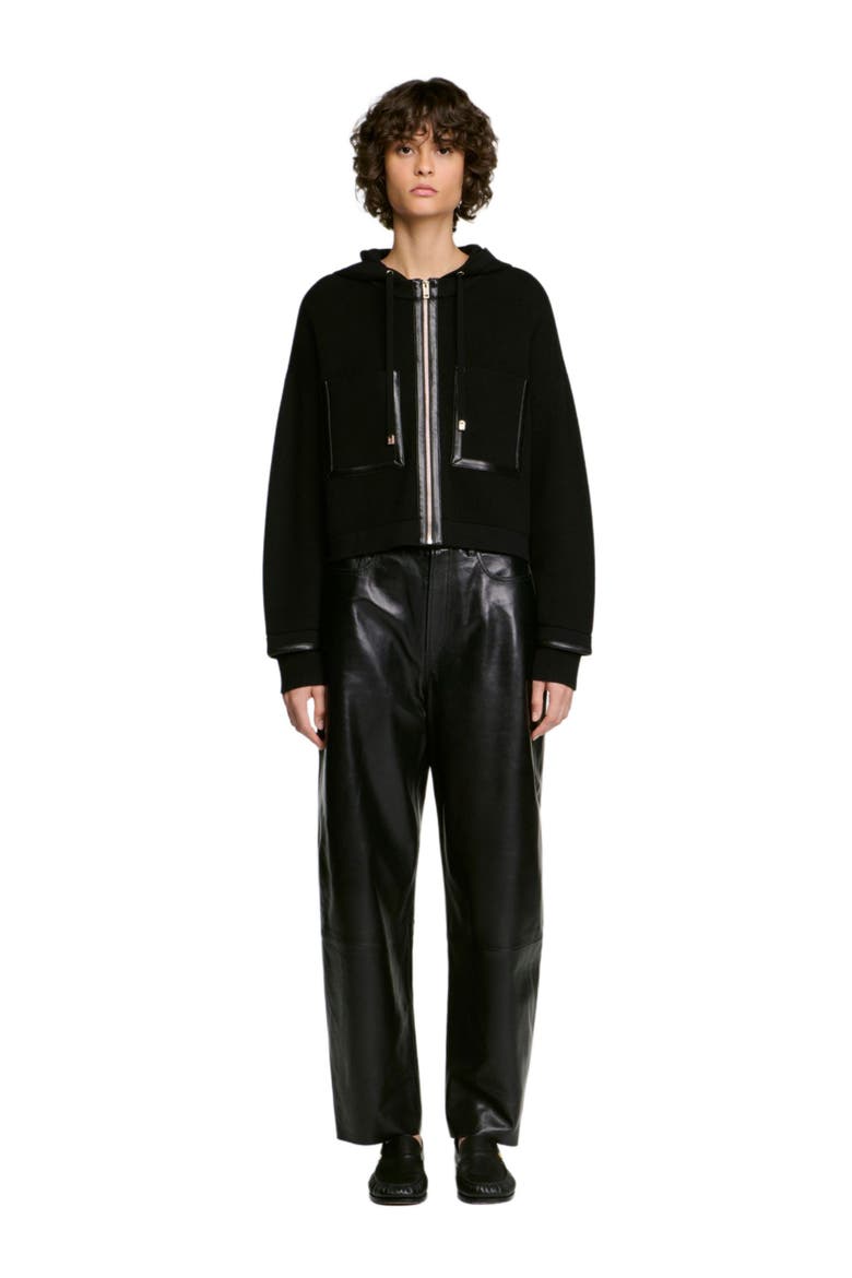 Hooded cardigan, leather details, Main, color, Black