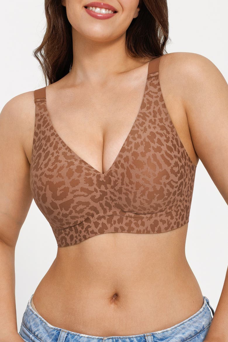 Seamless Wireless Jelly Leopard Contour Minimizer Support Bra, Alternate, color, Brown Leopard