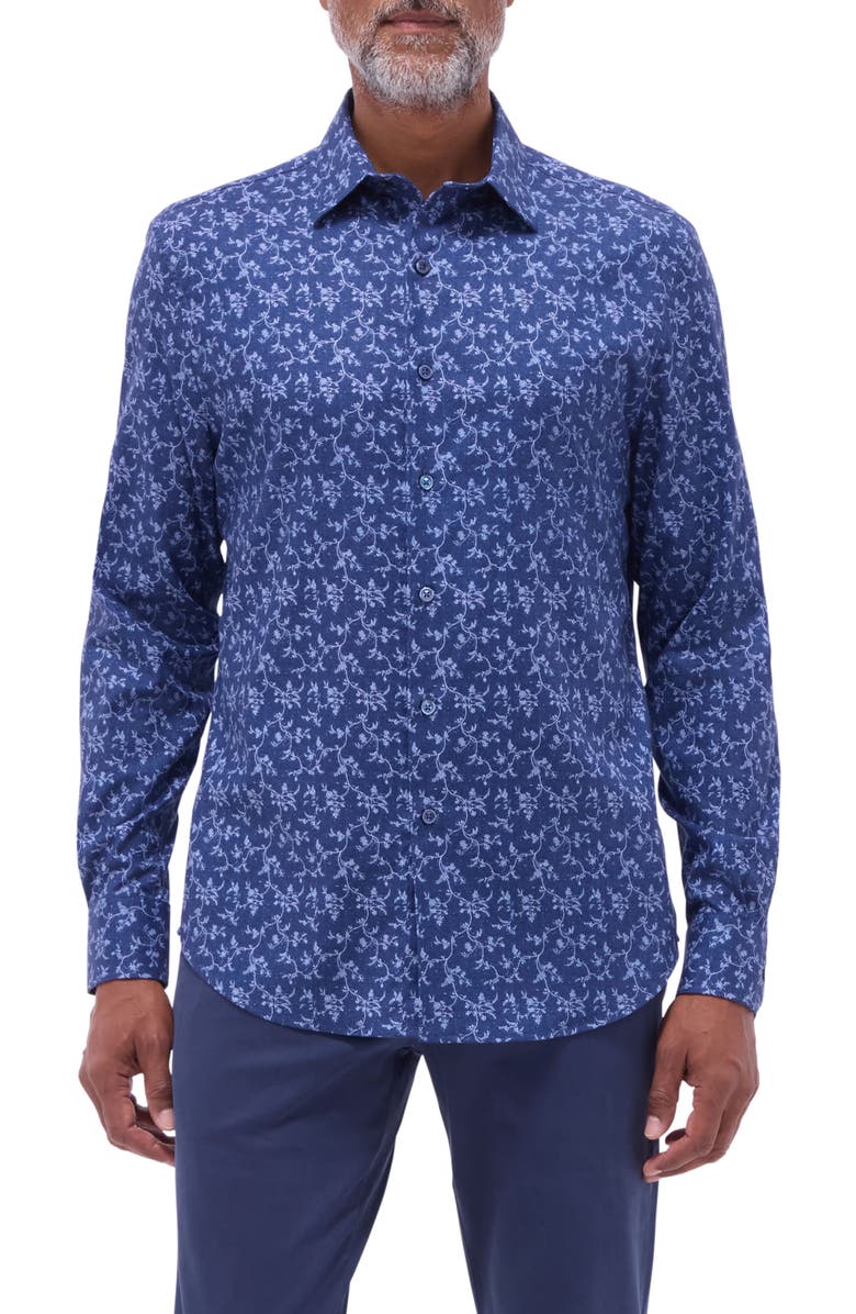 Bugatchi Julian Shaped Fit Button-Up Shirt, Main, color, Navy