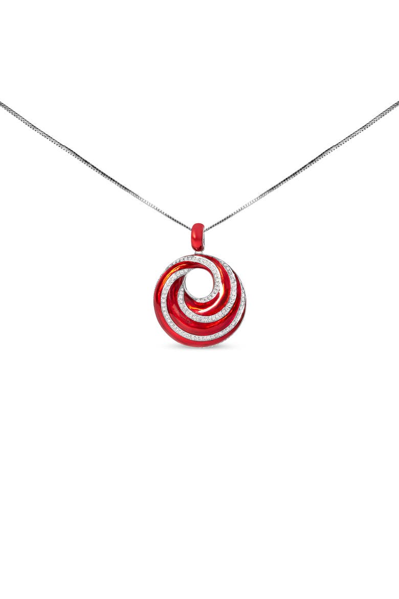 Silver Red Enamel and 1/2 Diamond Swirl Medallion Pendant Necklace, Main, color, White