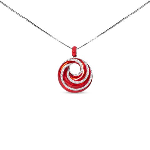 Silver Red Enamel and 1/2 Diamond Swirl Medallion Pendant Necklace