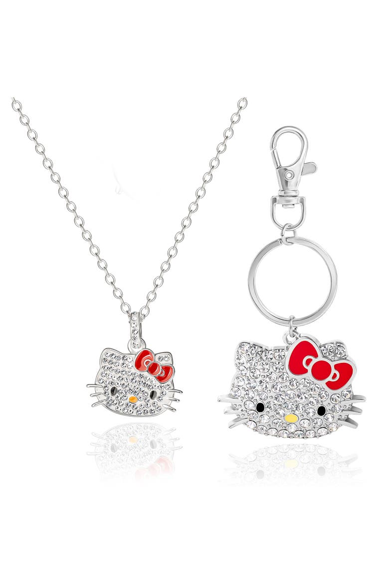 SALLY ROSE Hello Kitty Keychain and Necklace Set for Women Official License, Crystal Pave Sanrio Pendant Necklace and Key Chain, Alternate, color, white, red