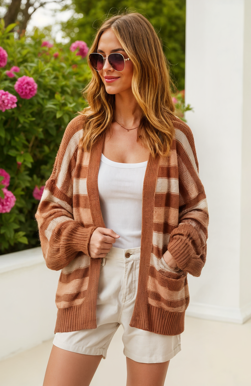 KNIT & LOUNGE KNIT AND LOUNGE STRIPED OPEN-FRONT CARDIGAN WITH RIBBED CUFFS AND RELAXED FIT 