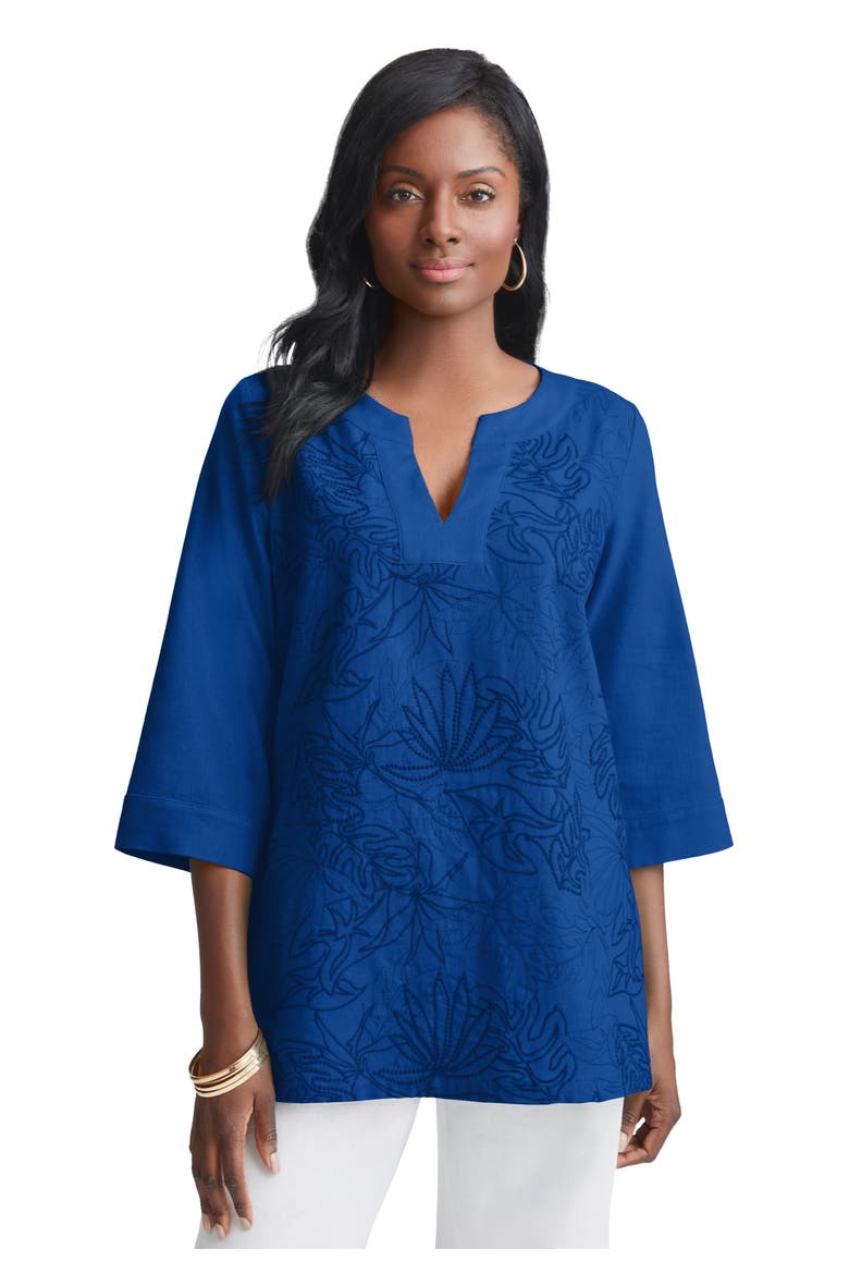 Linen V Neck Embroidered Tunic, Main, color, SAPPHIRE LEAF EMBROIDERY