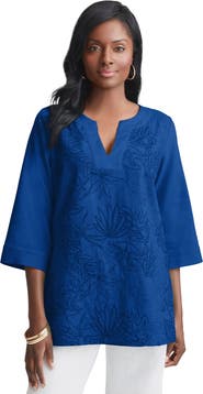 Jessica London Linen V-Neck Embroidered Tunic