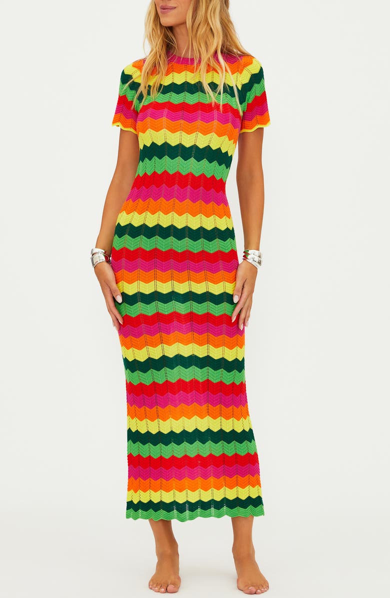 Beach Riot Emory Wave Stripe Pointelle Knit Cover-Up Maxi Dress, Main, color, Mango Tango