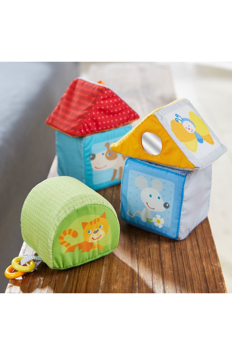 HABA Animal Soft Baby Blocks for 6-12 Months - 5 Geometric Shape Baby Sensory Toys with Rattle, Mirror, Squeaker & Crinkle Foil, Alternate, color, Multi