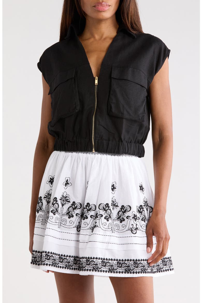 Zip Front Linen Blend Crop Top, Main, color, BLACK