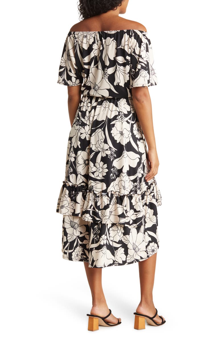 Velvet Torch Off-Shoulder Floral Print Tiered Midi Dress, Alternate, color, 