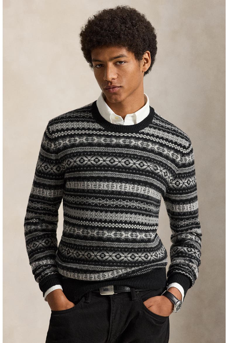 Fair Isle Wool Crewneck Sweater, Alternate, color, BLACK