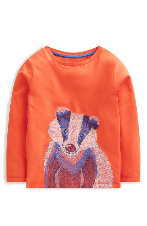 Mini Boden Kids' Badger Embroidered Long Sleeve Cotton Graphic T-Shirt in Terracotta Orange Badger