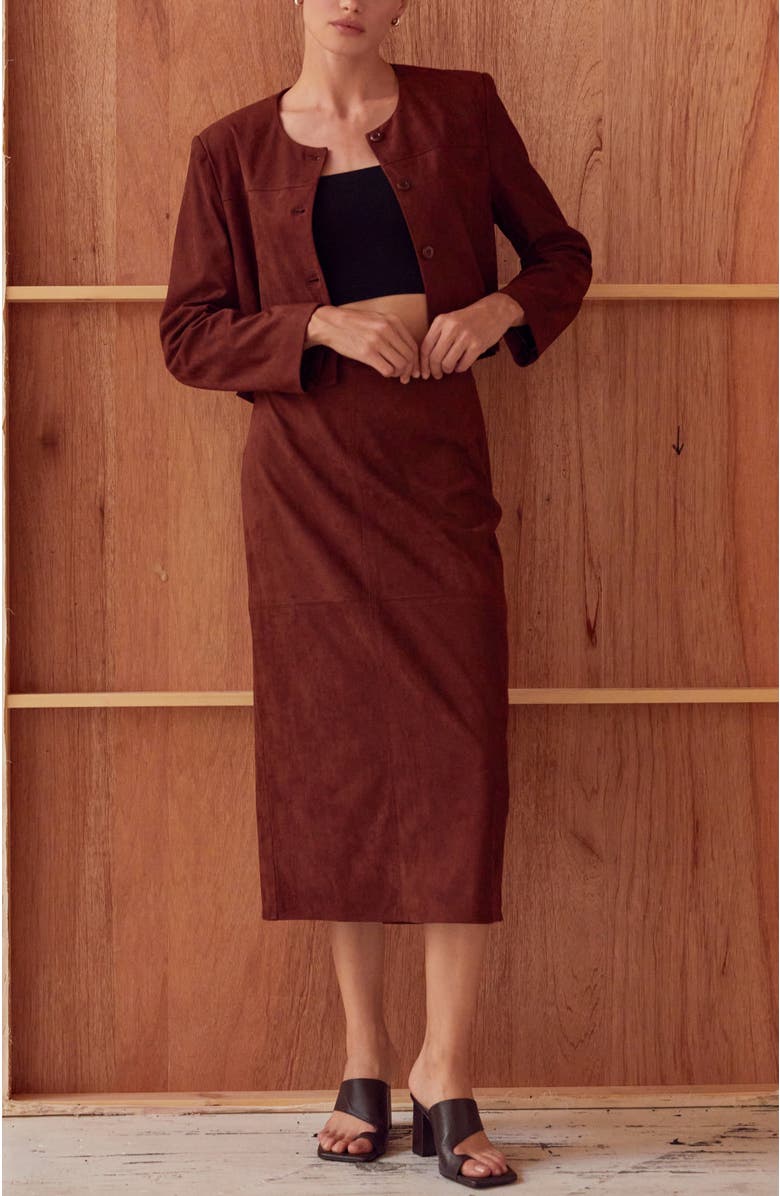 CRESCENT Faux Suede Pencil Midi Skirt, Alternate, color, Brown