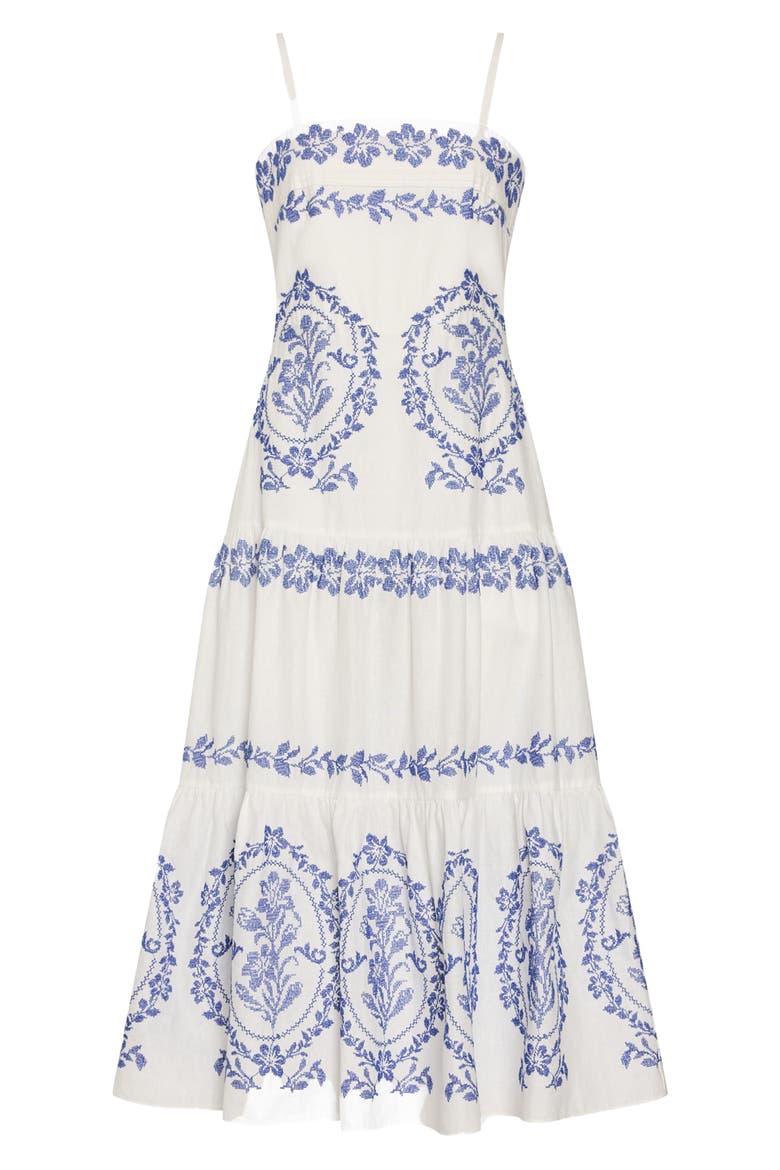 Lela Placed Embroidery Linen & Cotton Midi Dress, Alternate, color, WHITE/ BLUE